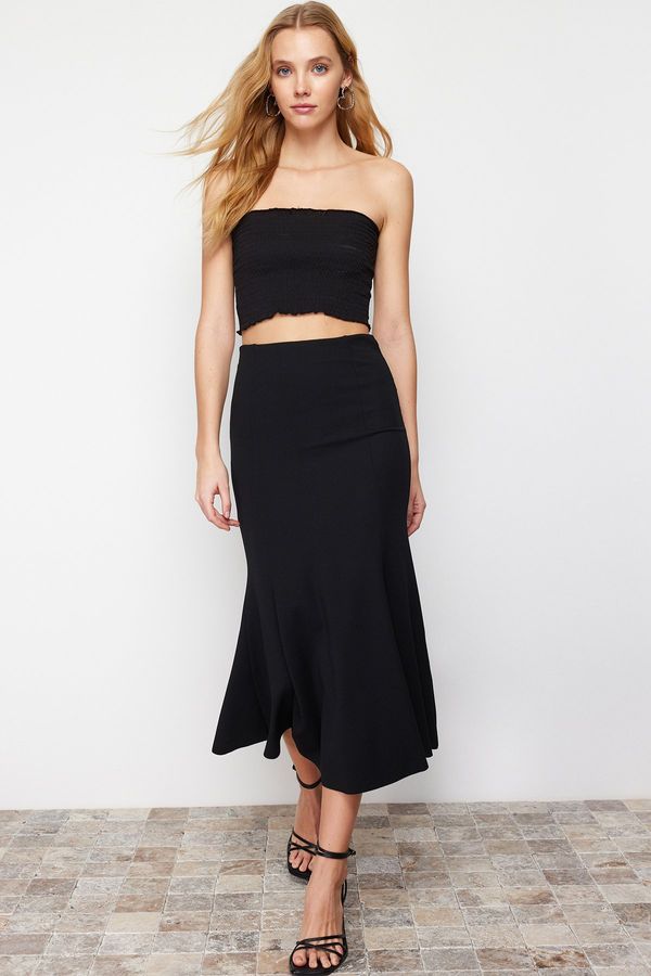 Trendyol Trendyol Black Skirt Ruffled Normal Waist Midi Elastic Knitted Skirt
