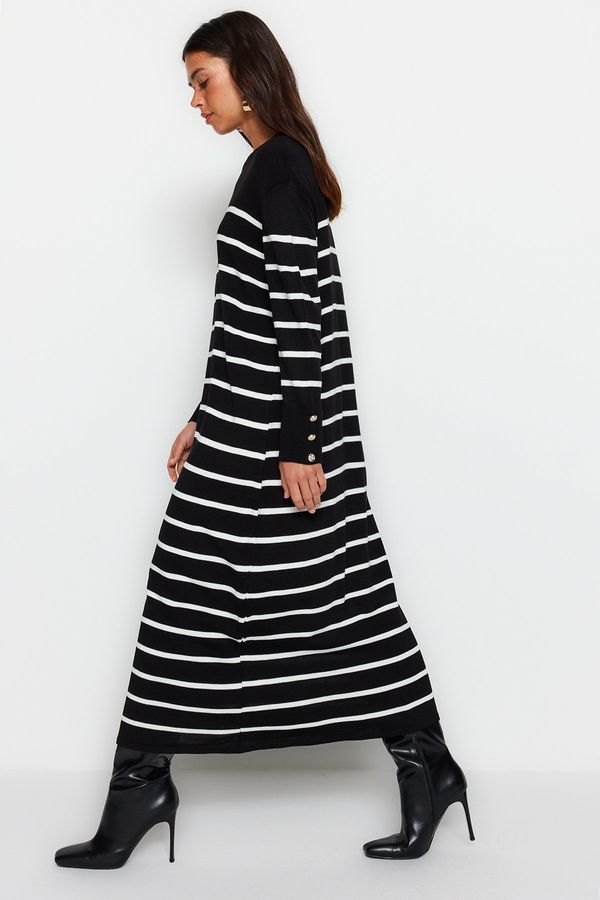 Trendyol Trendyol Black Sleeve Button Detailed Striped Knitwear Dress