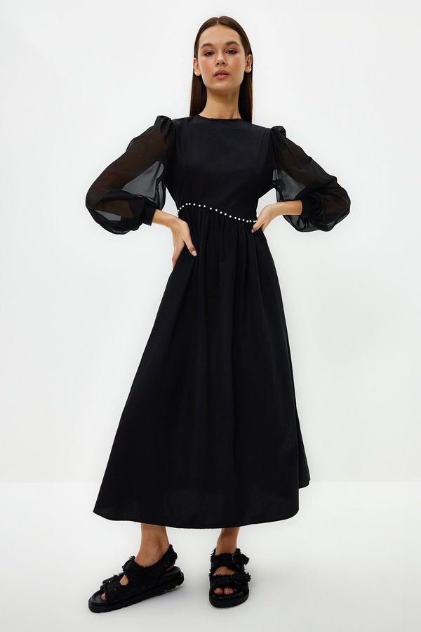 Trendyol Trendyol Black Sleeve Chiffon Waist Pearl Detailed Evening Dress