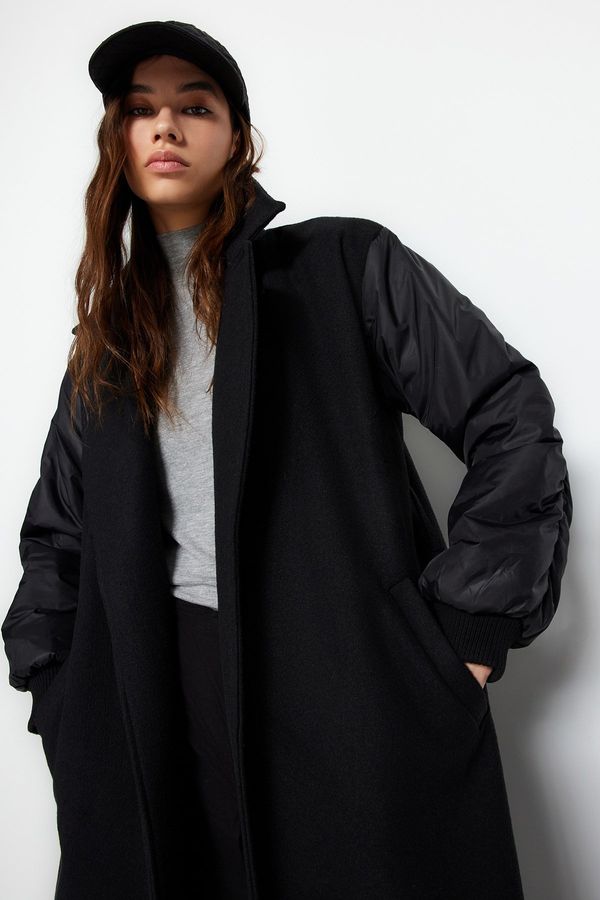 Trendyol Trendyol Black Sleeve Fabric detailed Lined Long Coat