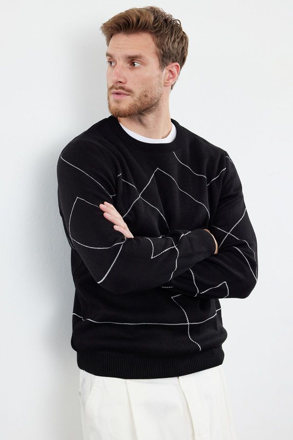 Trendyol Trendyol Black Slim Fit Crew Neck Stripe Patterned Knitwear Sweater