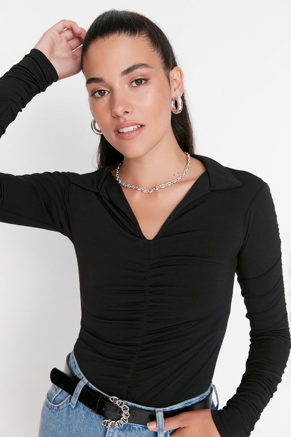 Trendyol Trendyol Black Slim Gathered Polo Neck Flexible Pletena bluza