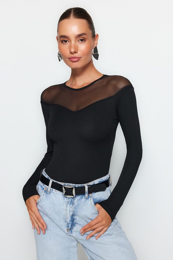 Trendyol Trendyol Black Slim Snaps Tulle Detailed Heart Neck Ribbed Flexible Knitted Body