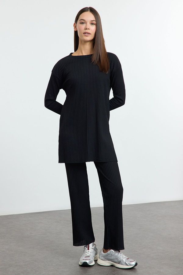 Trendyol Trendyol Black Slit Blouse Palazzo Bottom Ribbed Stretchy Knitted Bottom-Top Suit