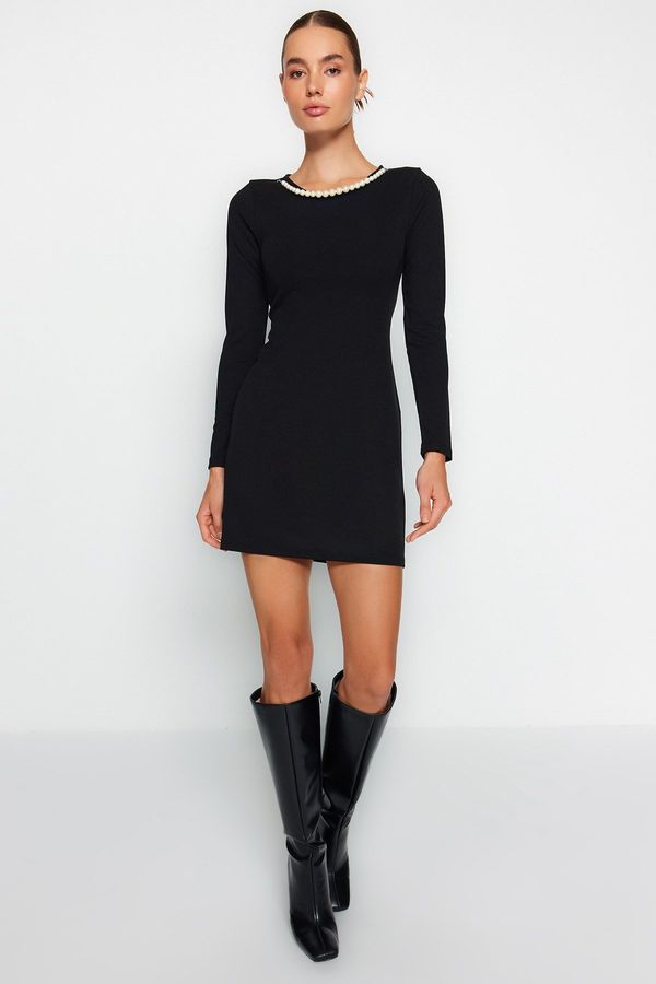 Trendyol Trendyol Black Smart Crepe with Pearls, Fitted Mini Long Sleeve Crew Neck Flexible Knit Dress