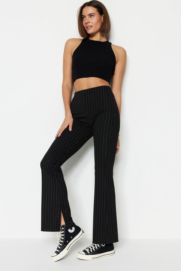 Trendyol Trendyol Black Smart Slit Flare/Spanish Leg High Waist Prugaste Pletene tajice Pantalone