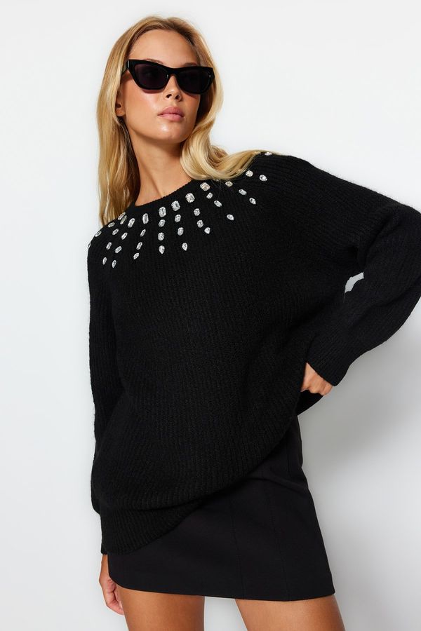 Trendyol Trendyol Black Soft Textured Stone Detailed Knitwear Sweater