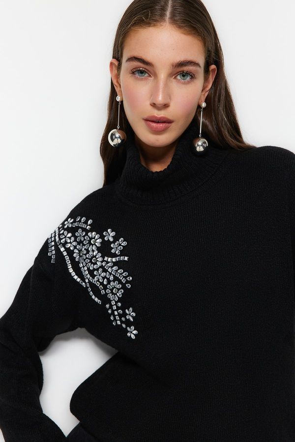 Trendyol Trendyol Black Soft Textured Stone Detailed Turtleneck Knitwear Sweater