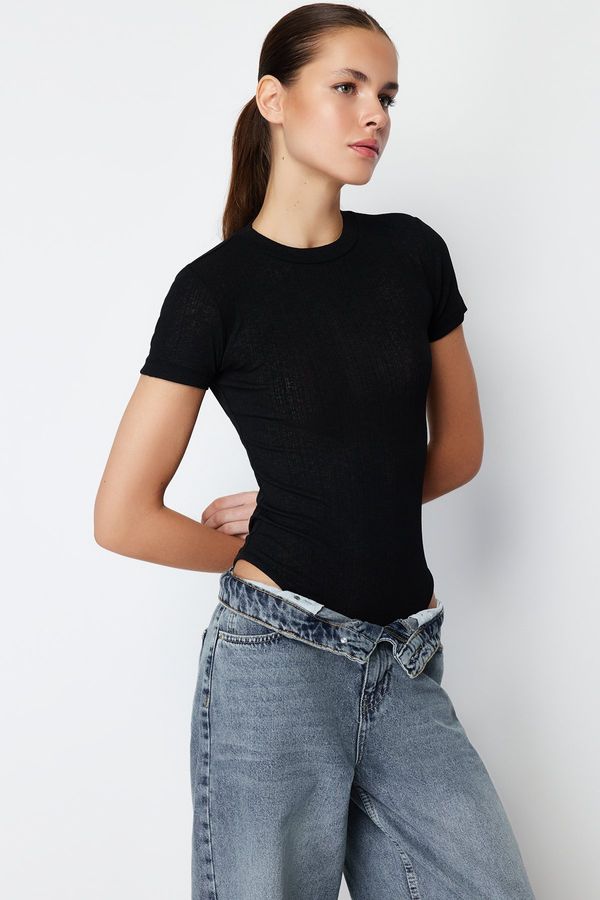 Trendyol Trendyol Black Special Textured Tulle Slim Short Sleeve Stand Collar Knitted Body