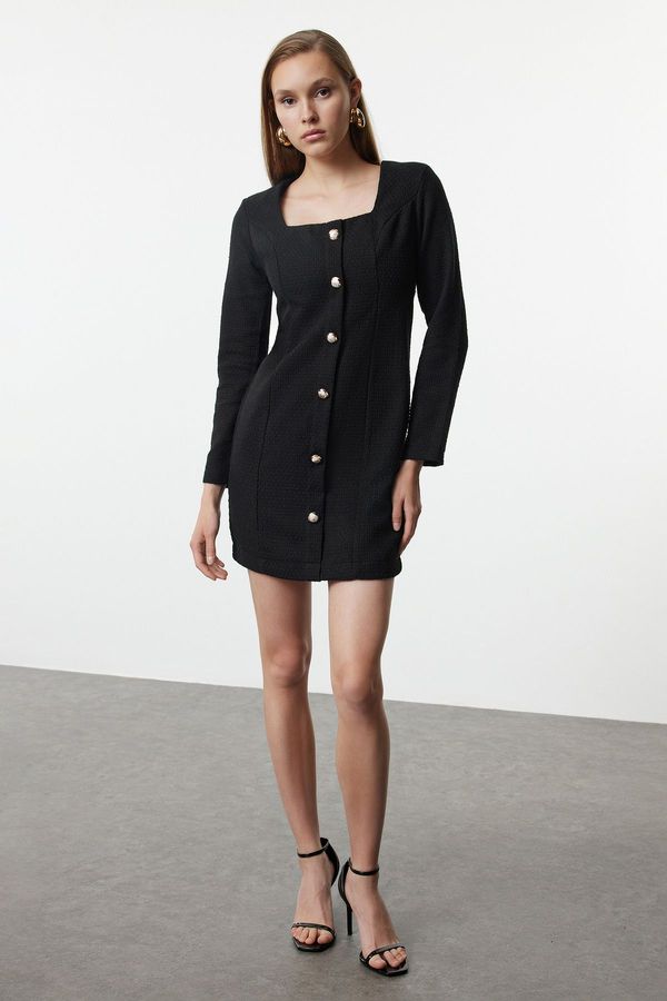 Trendyol Trendyol Black Square Collar Tweed Mini Woven Jacket Dress