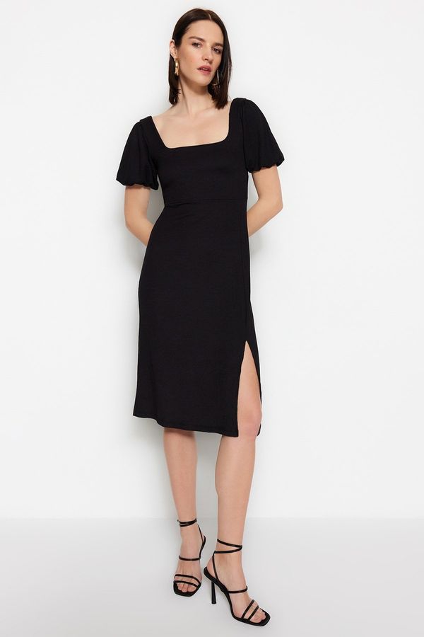 Trendyol Trendyol Black Square Neck Balloon Sleeve A-Line Slit Detailed Midi Knitted Dress