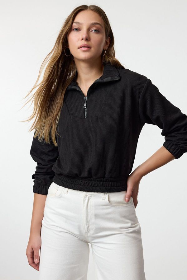 Trendyol Trendyol Black Stand Collar Zippered Crop Knit Sweatshirt