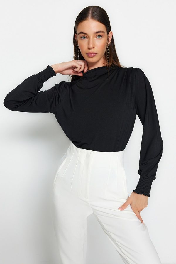 Trendyol Trendyol Black Stand-Up Collar Regular Fit Gipe Detail Flexible Knitted Blouse