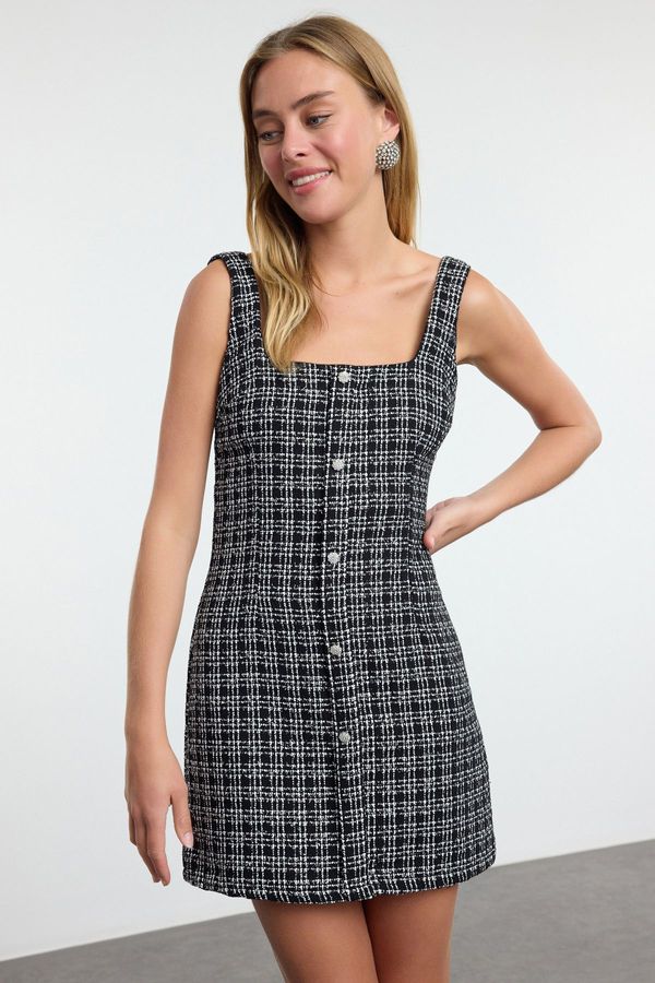 Trendyol Trendyol Black Stone Accessory Glittery Tweed Woven Short Dress