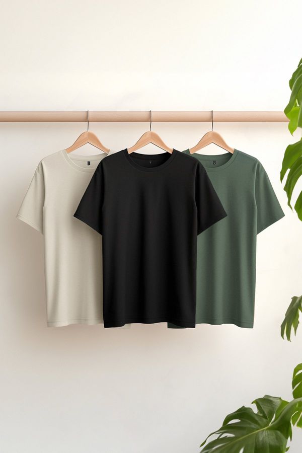 Trendyol Trendyol Black-Stone-Dark Green Basic Slim/Narrow Cut 100% Cotton 3-Pack T-Shirt