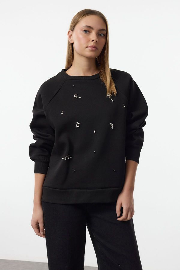 Trendyol Trendyol Black Stone Detailed Relaxed/Comfortable Thick Inside Polar Fleece Knitted Sweatshirt