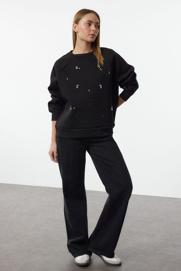 Trendyol Trendyol Black Stone Detailed Relaxed/Comfortable Thick Inside Polar Fleece Knitted Sweatshirt