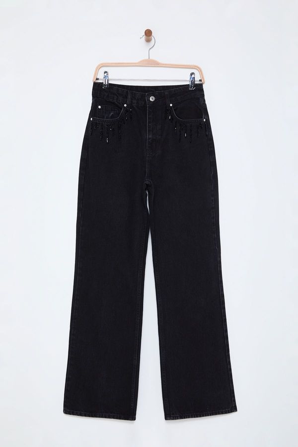 Trendyol Trendyol Black Stone Pocket Detailed High Waist Wide Leg Jeans