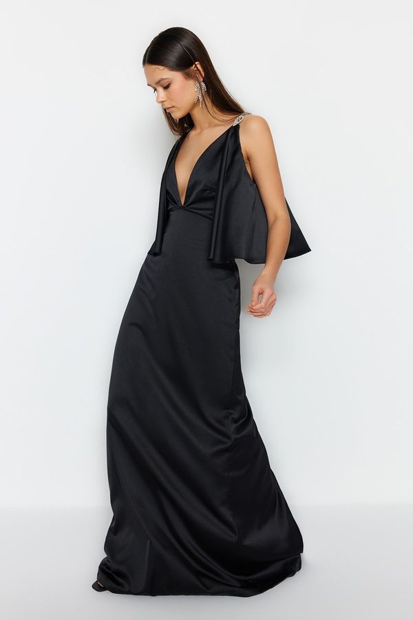 Trendyol Trendyol Black Stone Strap Detailed V-neck Long Evening Dress