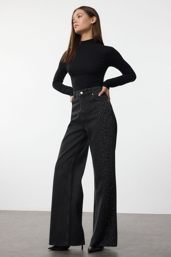 Trendyol Trendyol Black Stoned High Waist Wide Leg Jeans