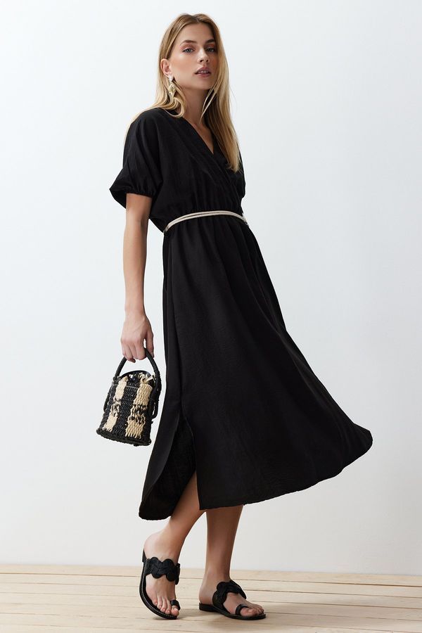 Trendyol Trendyol Black Straight A-line Double Breasted Collar Balloon Sleeve Belt Detailed Lily Maxi Woven Dress
