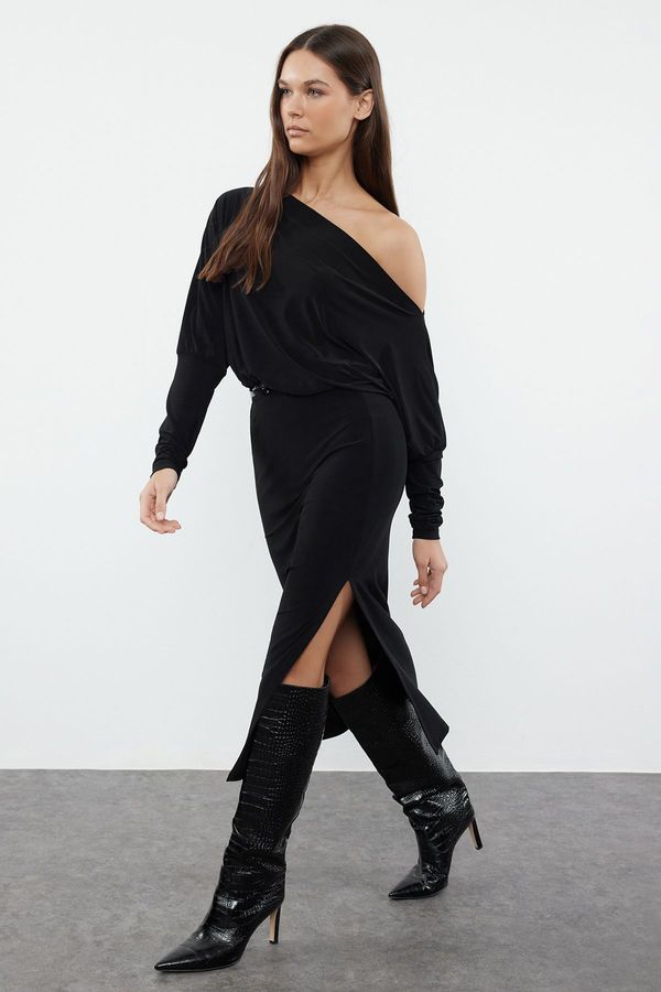 Trendyol Trendyol Black Straight Asymmetrical Single Sleeve Fitted Flexible Midi Knitted Dress