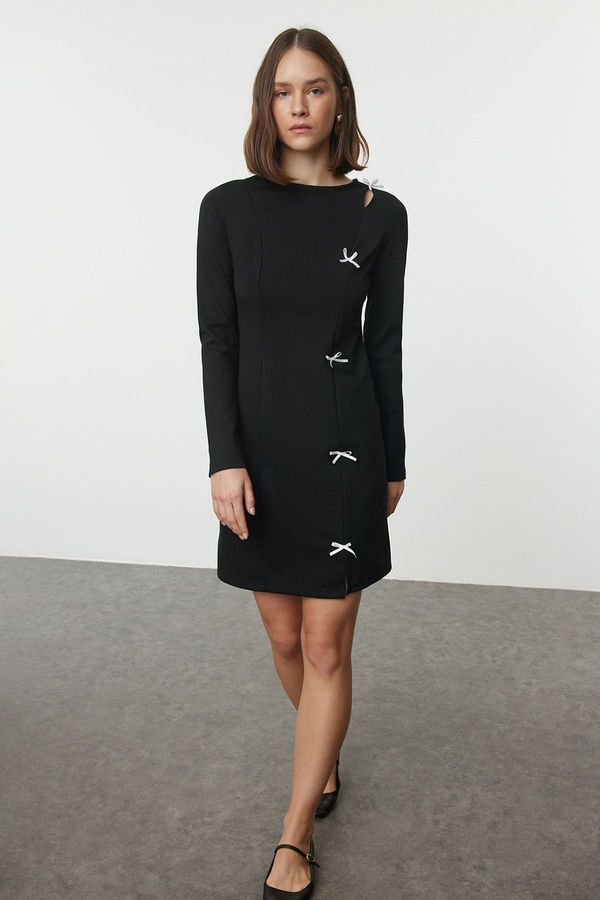 Trendyol Trendyol Black Straight Bow Detailed Mini Bodycone/Fitting Stretchy Knitted Dress