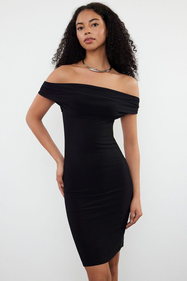 Trendyol Trendyol Black Straight Carmen Collar Fitted/Fitting Flexible Knitted Dress