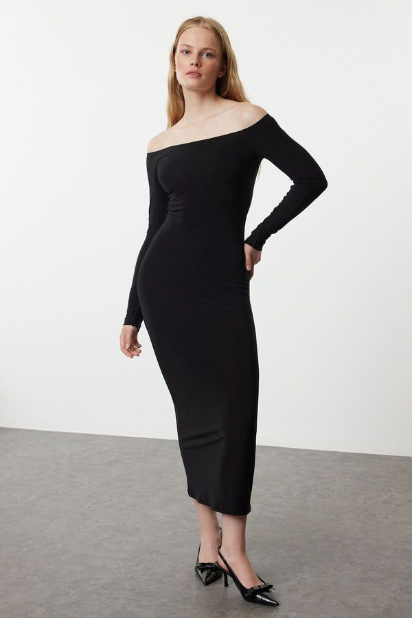 Trendyol Trendyol Black Straight Carmen Neck Bodycone/Fitting Flexible Maxi Knitted Dress