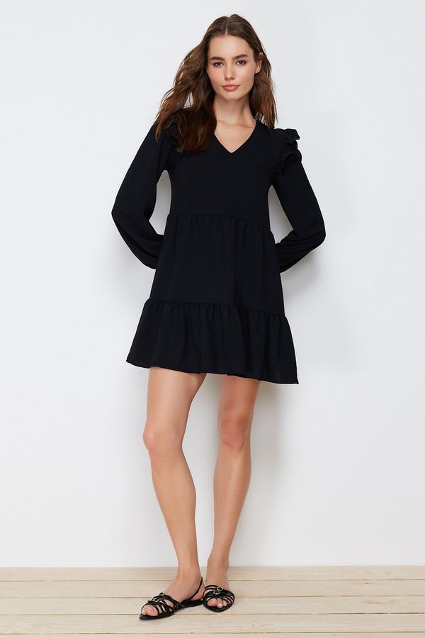 Trendyol Trendyol Black Straight Cut Gathered Ruffle Detailed Mini Woven Dress