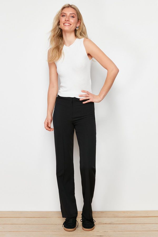 Trendyol Trendyol Black Straight Cut High Waist Ribbed Stitched Woven Trousers