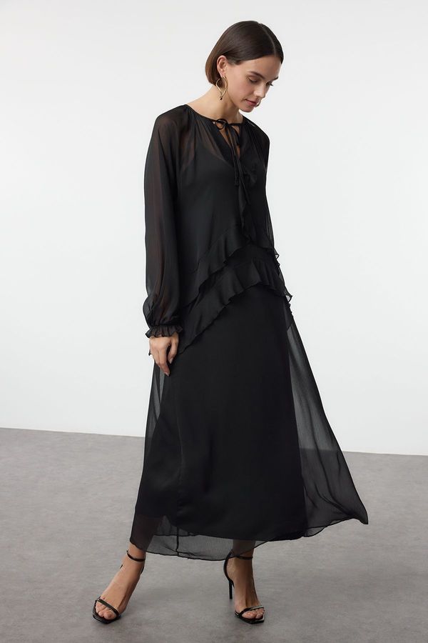 Trendyol Trendyol Black Straight Cut Ruffle Maxi Chiffon Woven Dress