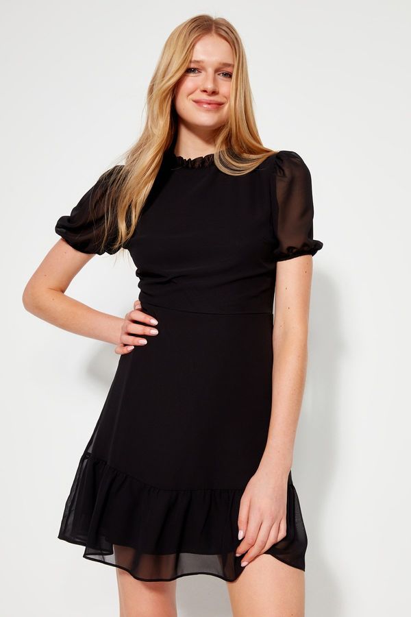 Trendyol Trendyol Black Straight Cut Skirt Flounce Mini Chiffon Lined Woven Dress