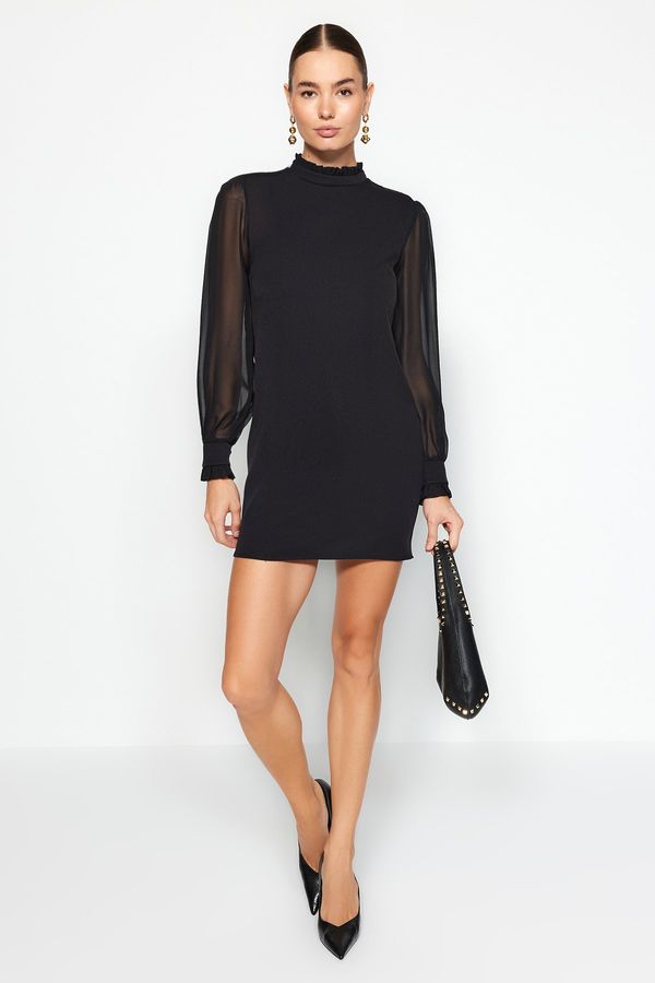 Trendyol Trendyol Black Straight Cut Sleeves Chiffon Detailed Mini Woven Dress