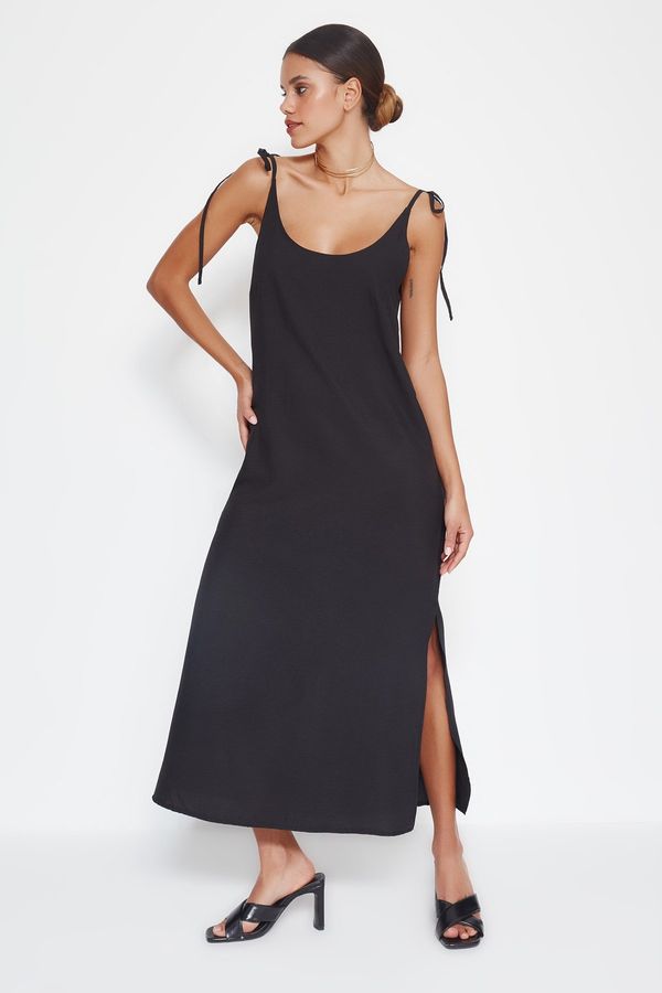 Trendyol Trendyol Black Straight Cut Slit Strappy Maxi Woven Dress