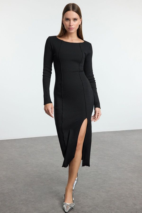 Trendyol Trendyol Black Straight Slit Midi Boat Neck Fitted/Fits Slit Knit Dress