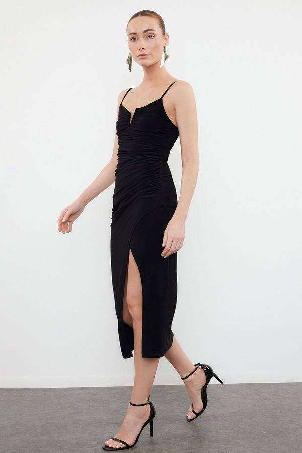 Trendyol Trendyol Black Strap Slit Gathered Cutout V-Neck Detailed Flexible Knitted Midi Pencil Dress