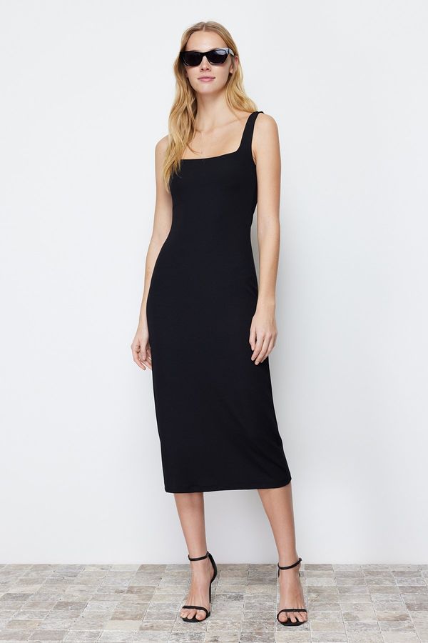 Trendyol Trendyol Black Strap Square Neck Fitted Maxi Elastic Knitted Dress