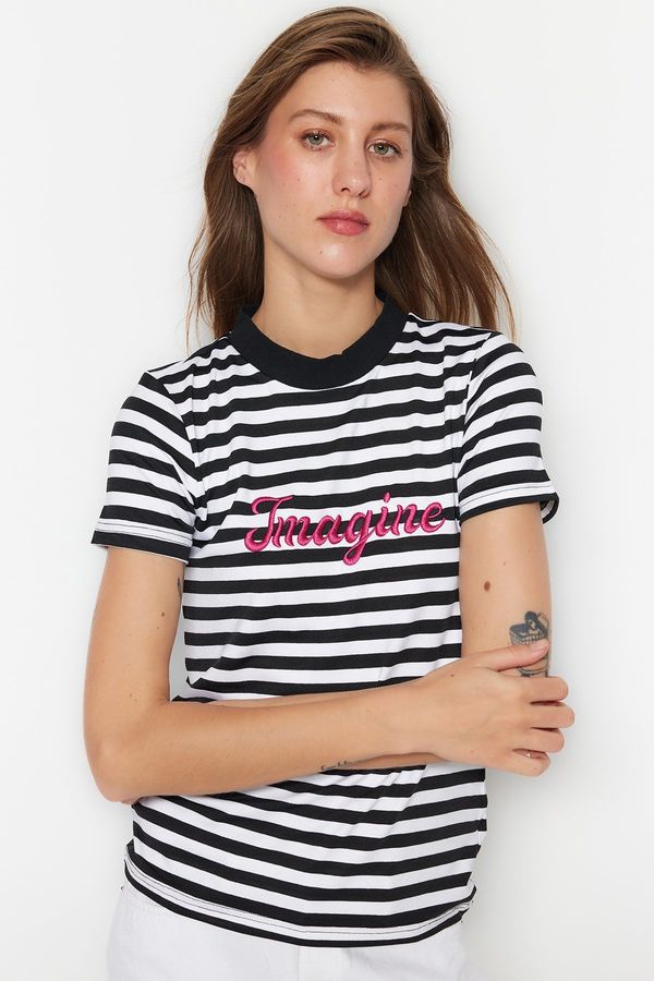 Trendyol Trendyol Black Stripe and Slogan Embroidery Basic Fit Stand Up Collar Knitted T-Shirt