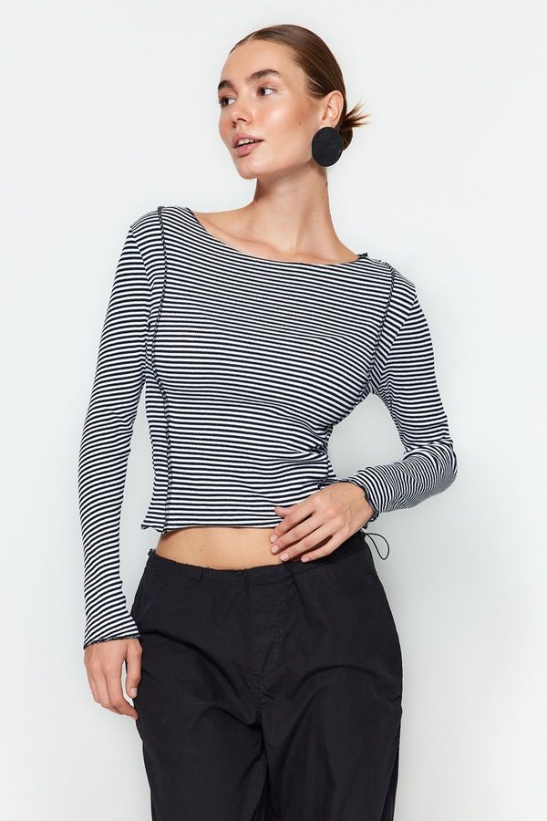 Trendyol Trendyol Black Striped and Ribbed Ribbed Fitted Stretch Knitted Blouse