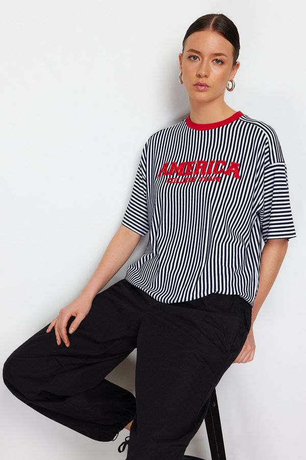 Trendyol Trendyol Black Striped Motto Embroidered Oversize/Wide Fit Knitted T-Shirt
