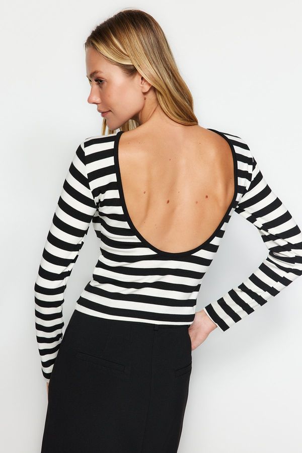 Trendyol Trendyol Black Striped Soft Fabric Striped Backless Fitted/Situated Knit Blouse