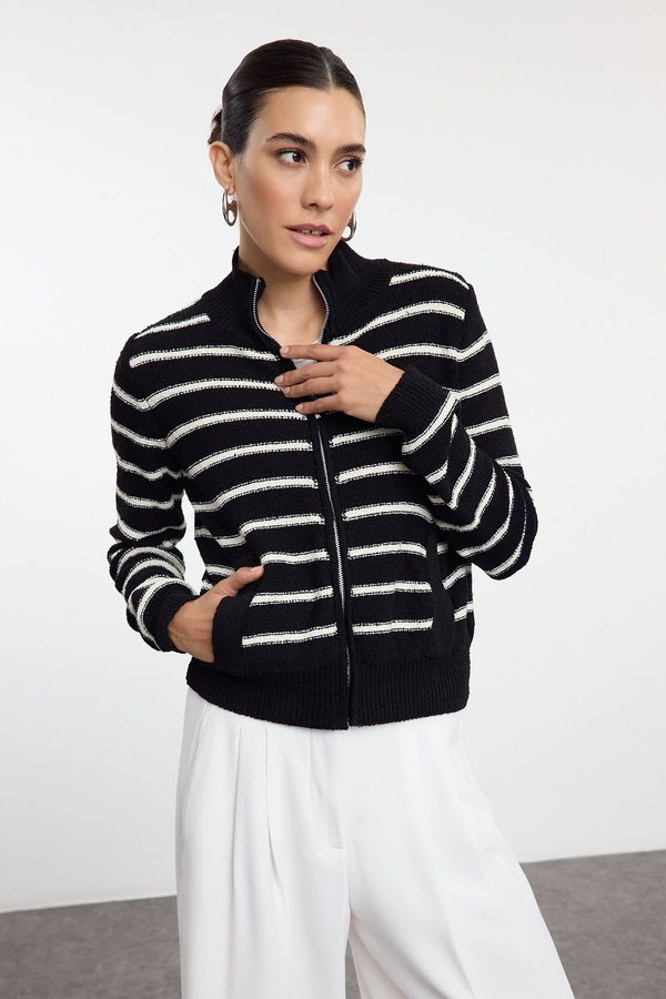 Trendyol Trendyol Black Striped Stand Collar Knitwear Cardigan