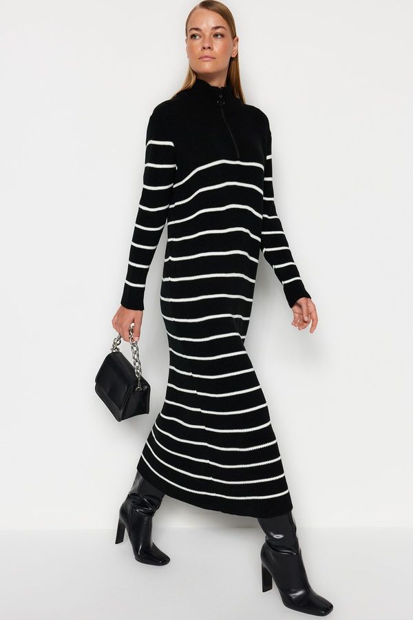 Trendyol Trendyol Black Striped Zipper Detailed Knitwear Dress