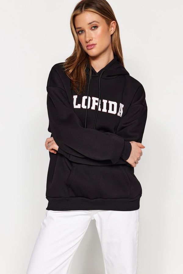 Trendyol Trendyol Black Thick Fleece City Printed Oversize Hooded Knitted Sweatshirt