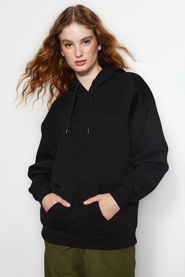 Trendyol Trendyol Black Thick Fleece Inside Oversized/Wide Fit with a Hooded Basic Knitted Sweatshirt