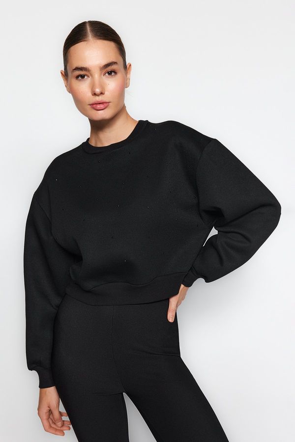 Trendyol Trendyol Black Thick Fleece Inside Stone Detail Regular/Normal Fit Knitted Sweatshirt