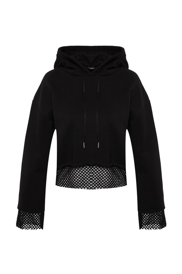 Trendyol Trendyol Black Thick Inner Fleece Mesh Detailed Hooded Comfort Fit Crop Knitted Sweatshirt