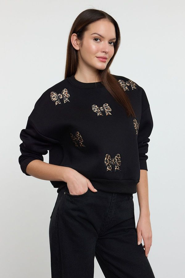 Trendyol Trendyol Black Thick Polar Fleece Inside Leopard Detailed Ribbon Embroidered Knitted Sweatshirt