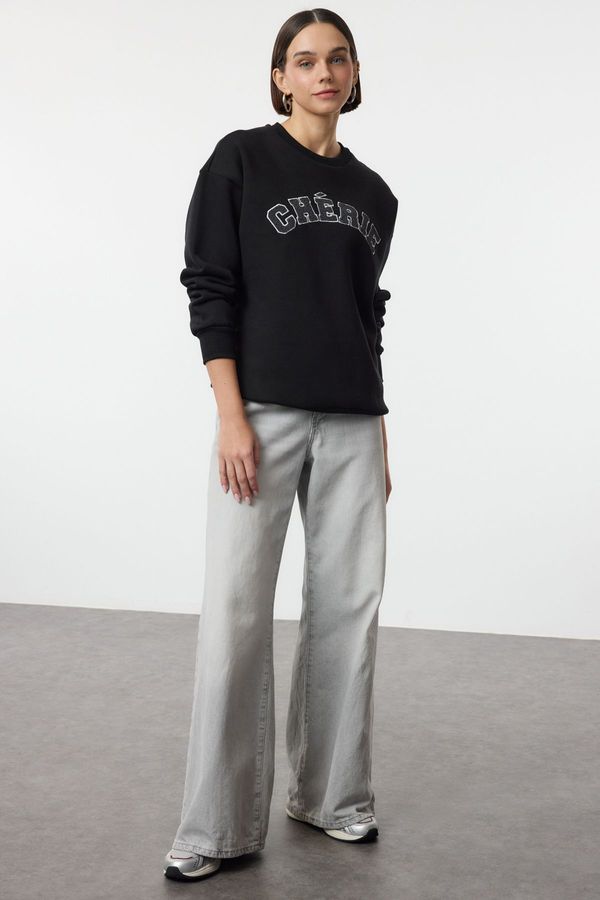 Trendyol Trendyol Black Thick Polar Fleece Oversize/Relaxed Cut Slogan Embroidered Knitted Sweatshirt